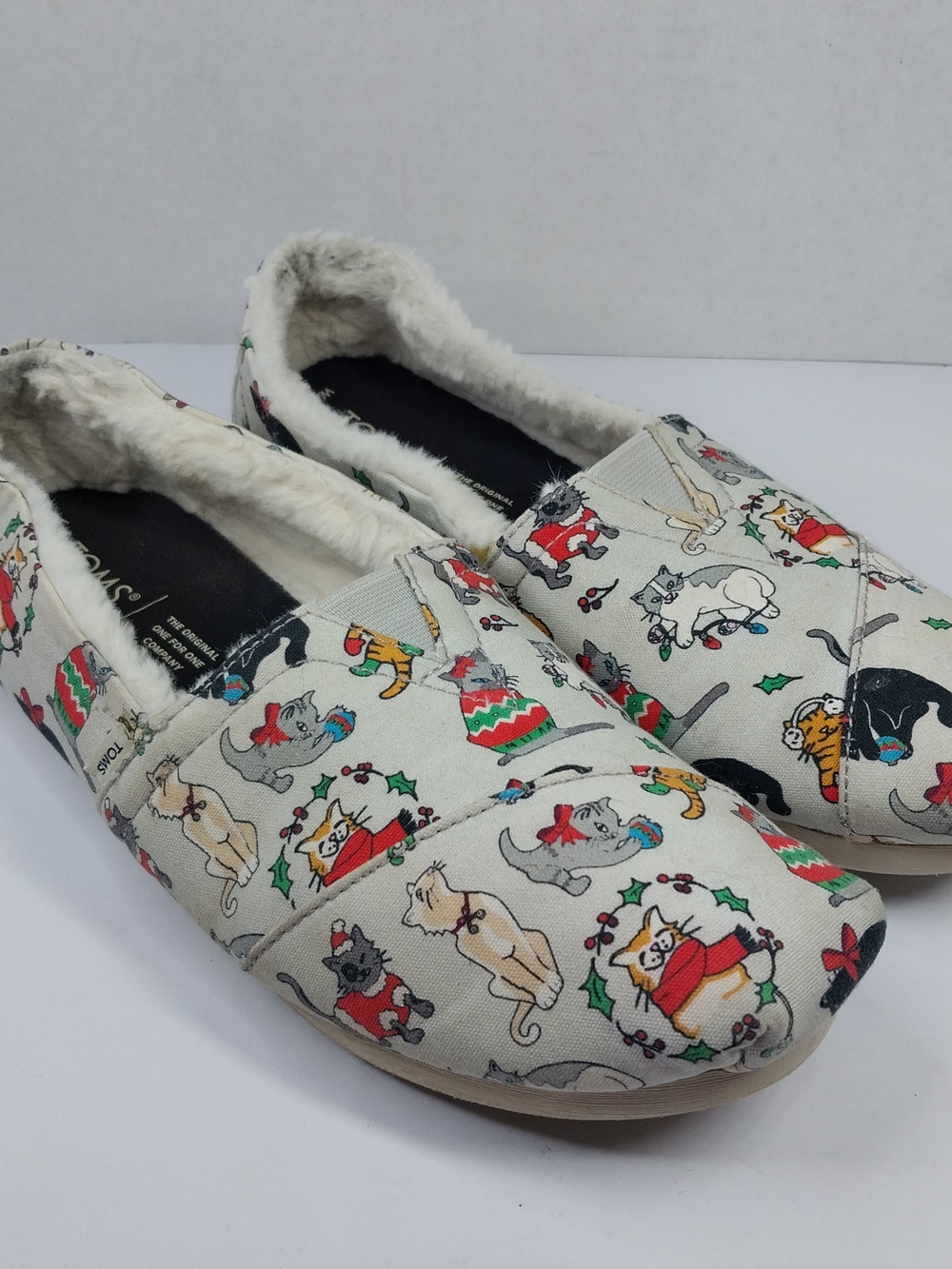 Toms Christmas Holiday Cats Belmont Shoes Gray Flats Women’s Size 8.5 Kitty Cat
